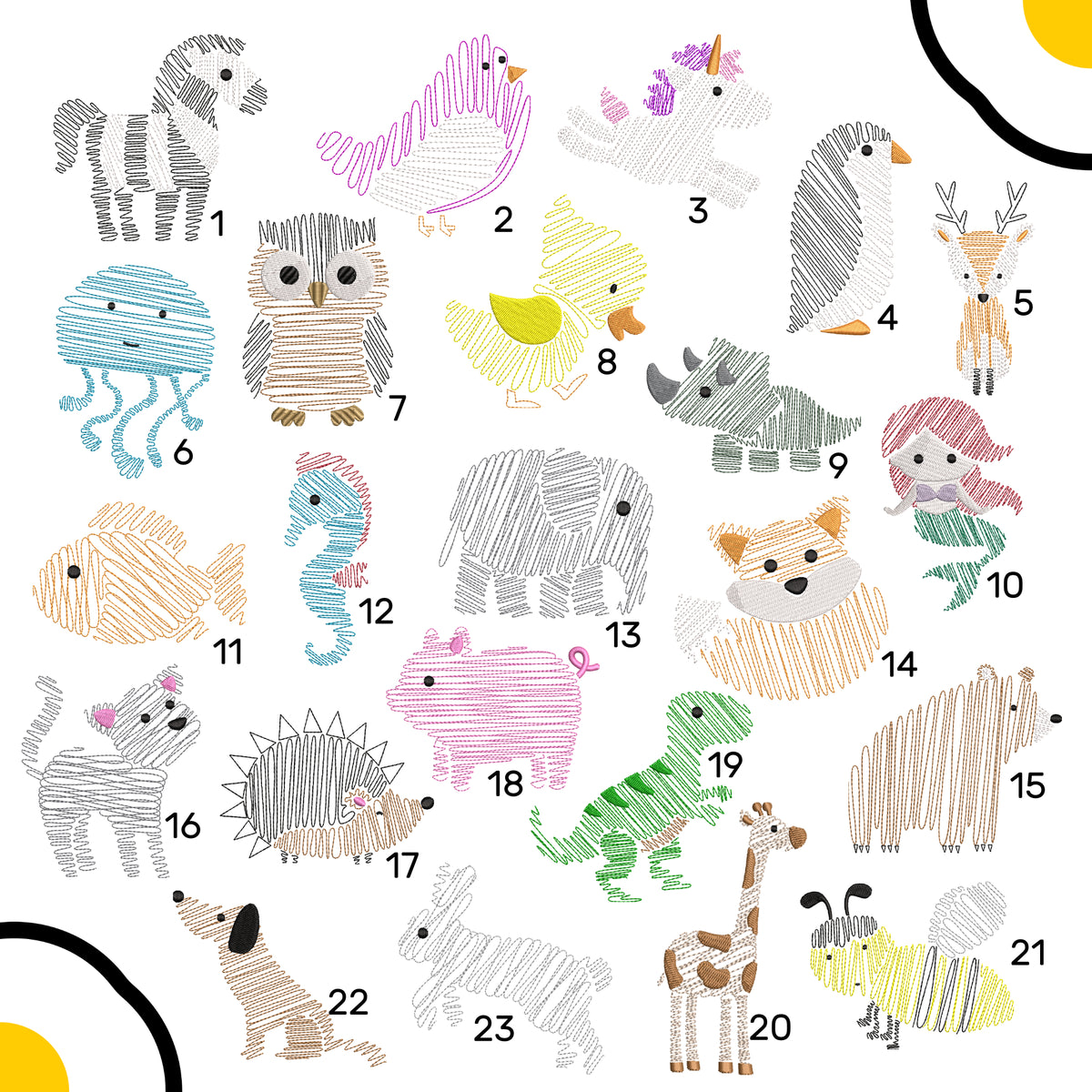 Eine Auflistung den möglichen Tiermotive - insgesamt 23 verschiedene Designs.