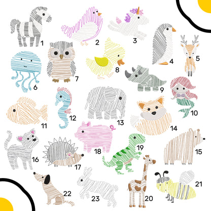 Eine Auflistung den möglichen Tiermotive - insgesamt 23 verschiedene Designs.