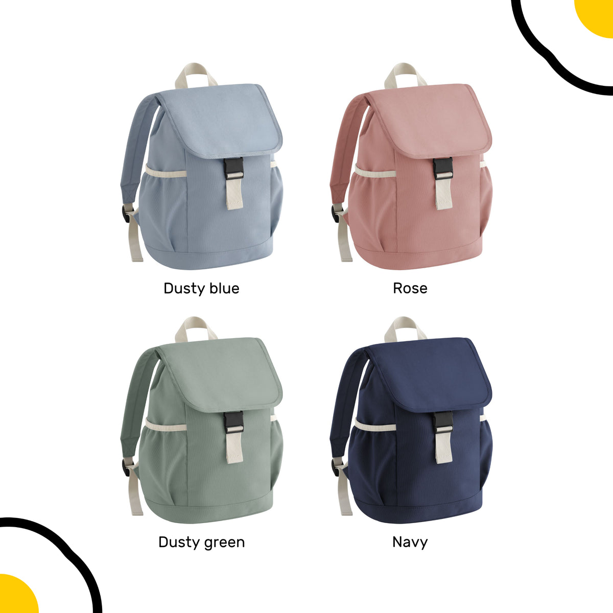 Eine Auflistung den möglichen Farben des Kinder-Rucksackes. Dusty Blue, Rosa, Dusty Green, Navy.