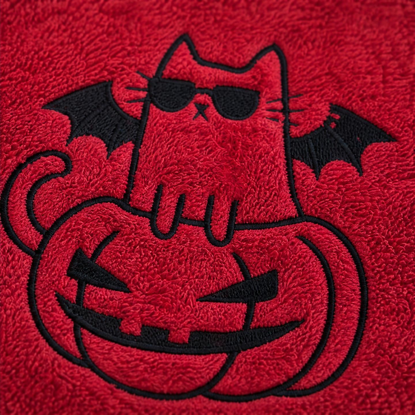 Nahaufnahme der schwarzen Stickerei einer coolen Fledermaus-Katze im Kürbis auf rotem Frottierhandtuch