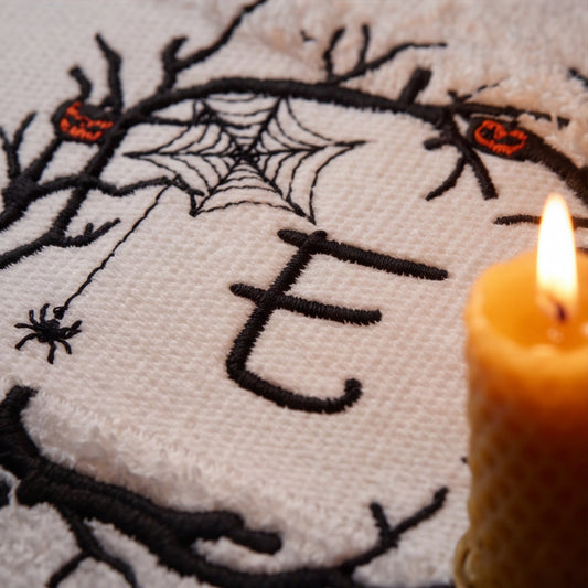 Weißes besticktes Halloween-Handtuch mit Monogramm E, dekoriert mit Kürbissen, Herbstblättern und Kerzen