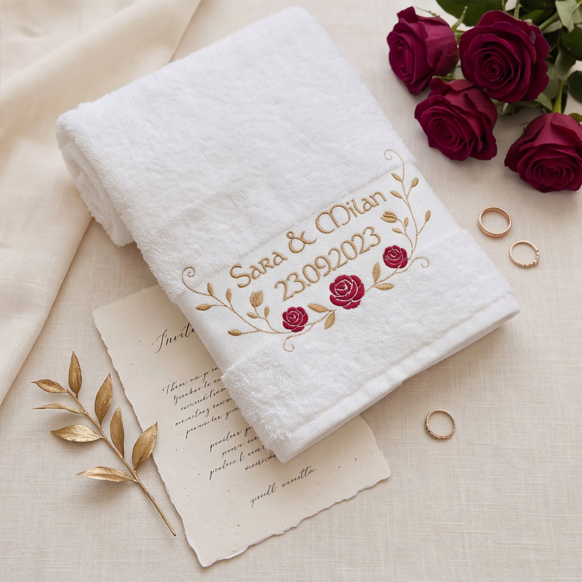 Besticktes Hochzeits-Handtuch in Weiß mit edlem Rosen-Ranken-Motiv und Wunschtext auf einer Einladungskarte neben Eheringen und roten Rosen.