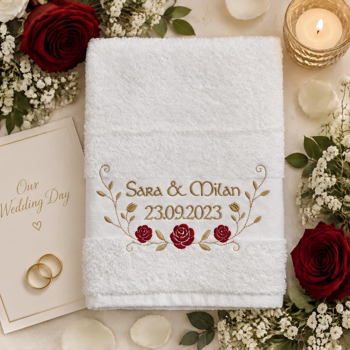 Weißes Frottee-Handtuch mit goldener Namensstickerei Sara & Milan, Datum und roten Rosen, umgeben von Eheringen, Kerze und Blumen auf einer eleganten Unterlage.