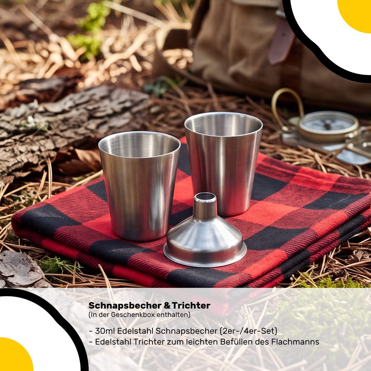 Zwei Edelstahl 30 ml Schnapsbecher und ein Trichter auf einem roten Tuch und Naturboden.