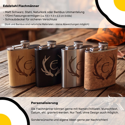 Eine Beschreibung der Personalisierung des Flachmanns - in vier verschiedenen Ausführungen - Kork, Bambus, Matt Schwarz und Stahl. Personalisierung mit Wunschtext, Namen, etc. möglich.