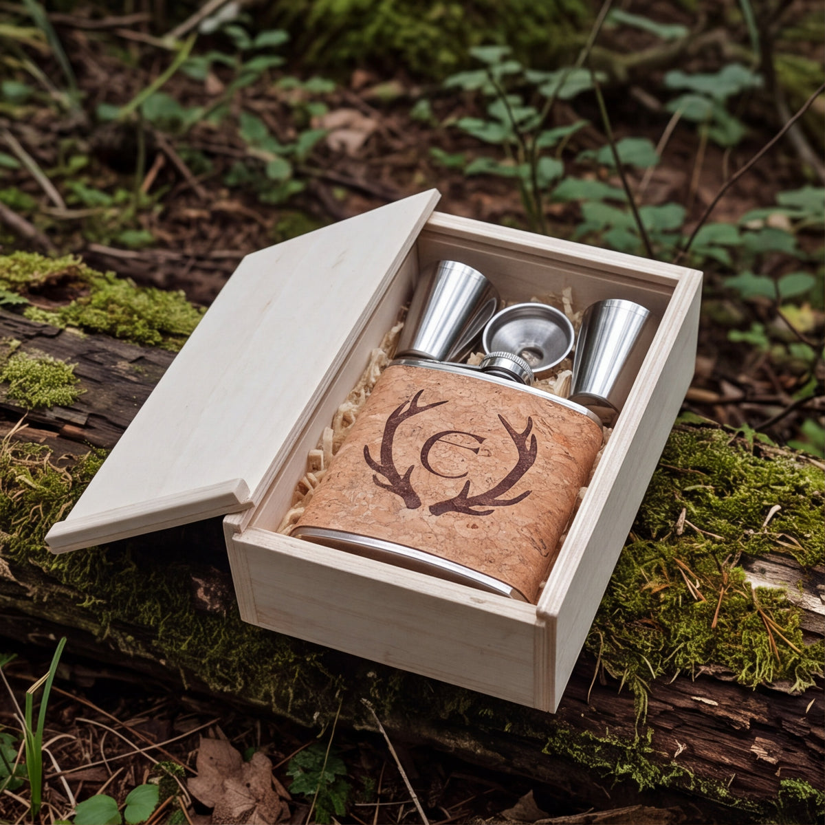 Kork Flachmann mit Gravur und Edelstahlbechern im Geschenkset in Holzkiste auf Moos im Wald