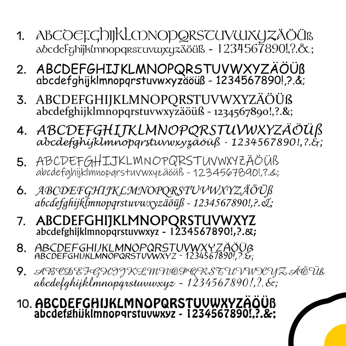 Eine Auflistung den möglichen Schriftarten.