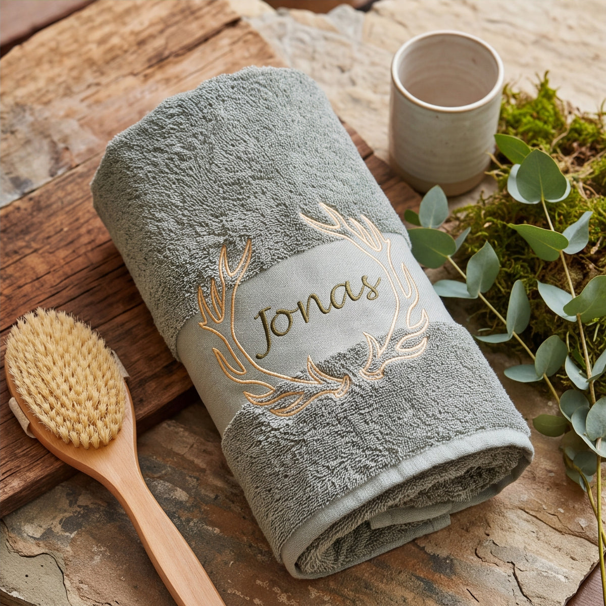 Aufgerolltes olives Frottee-Handtuch mit goldenem Geweih-Stick und Namenszug Jonas auf Holzplatte mit Wellness-Massagebürste und Eukalyptus.
