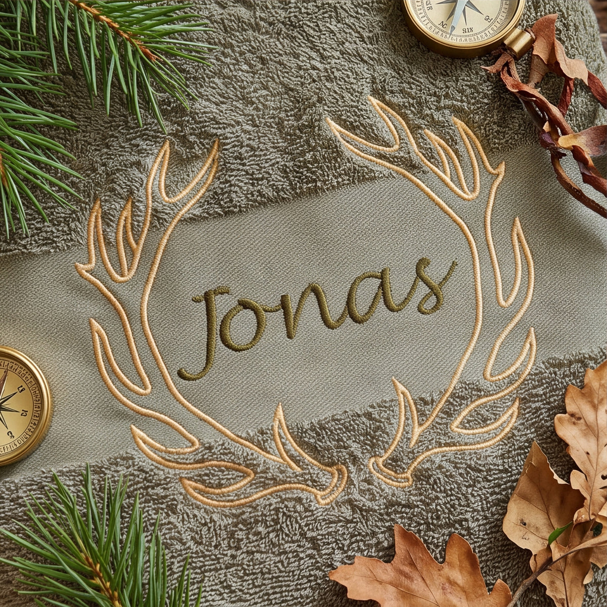 Nahaufnahme der goldenen Geweih-Stickerei und der dunkelgrünen Namensstickerei Jonas auf olivem Baumwollstoff umgeben von Tannenästchen und Kompass.